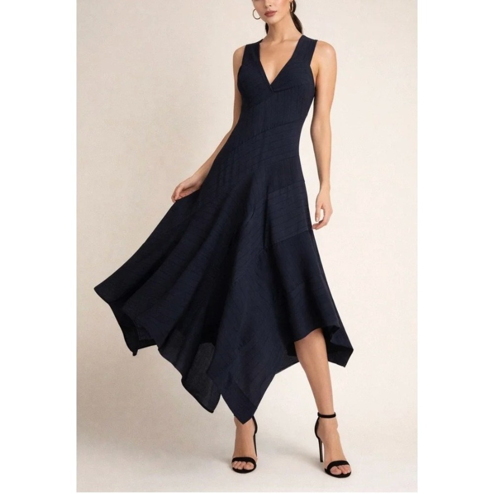 Derek Lam Collective Handkerchief Hem Midi Dress 46 US 8 Navy Wedding Cocktail